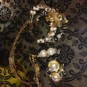 18k Gold plated necklaces.Adjustable pearl and beads bracelet and pearl earrings